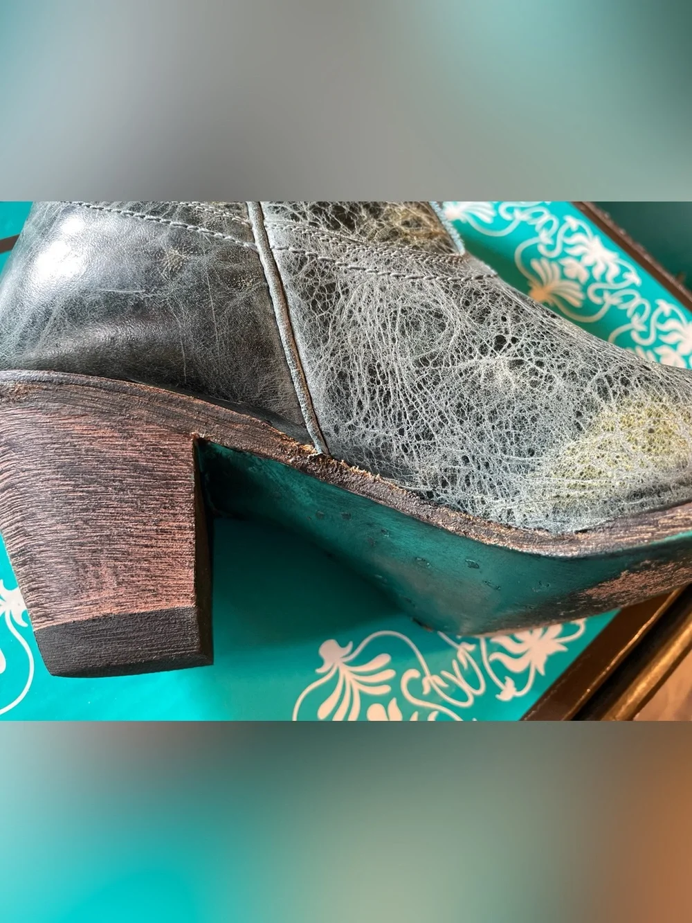 LANE Women's Teal Distressed Leather Western Ankle Boots